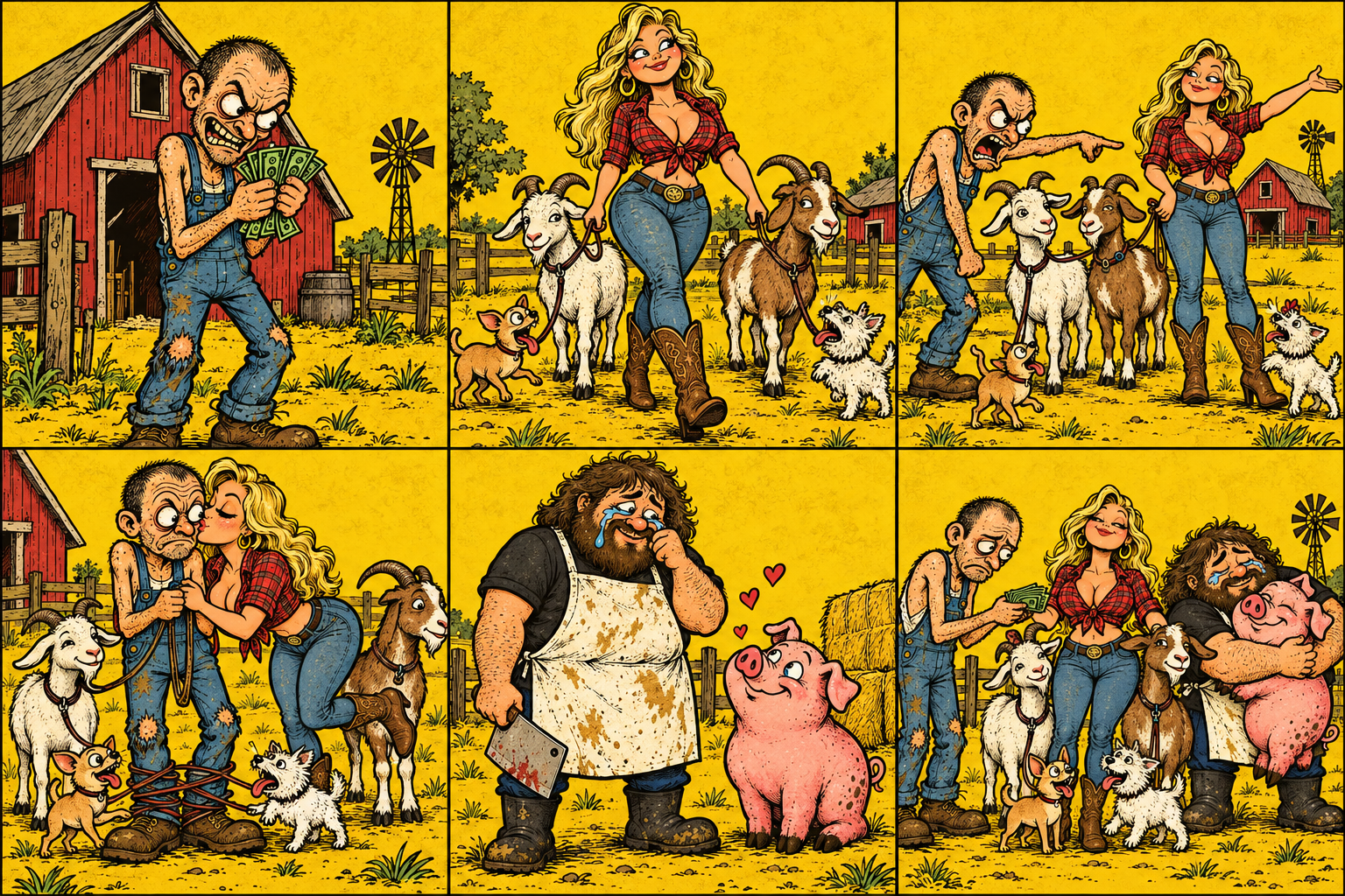 Comic panels showing Mrs. Polski bringing home goats and tiny dogs.